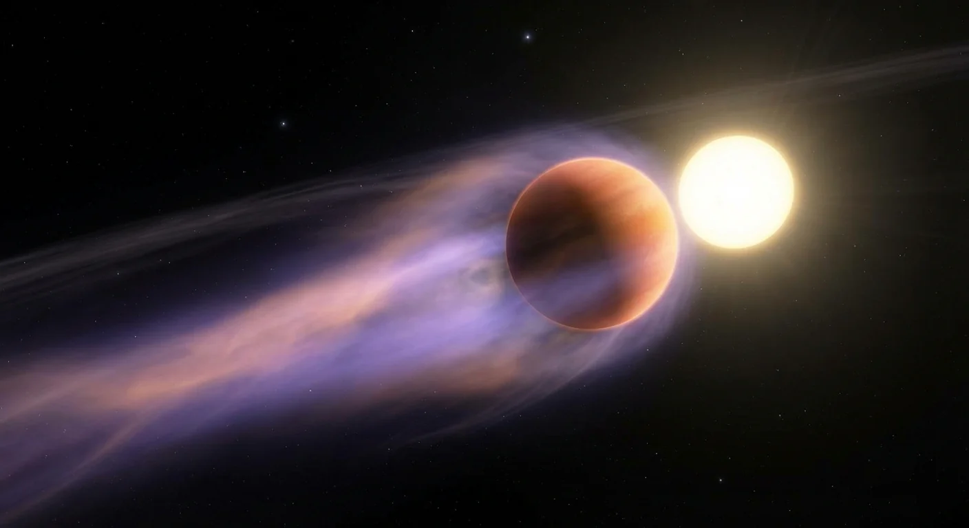 Imagen de la publicación: El planeta “super‑hinchado” WASP‑107b pierde una inmensa nube de helio ante los ojos del James Webb